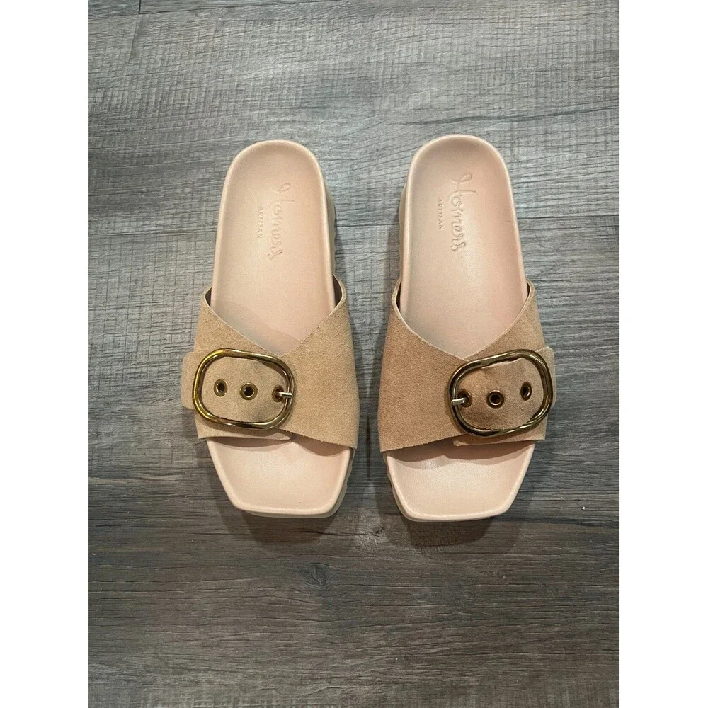 NIB Homers Artisan Menorca Tan Suede Oversized Buckle Slide Sandals EU 36 US 6